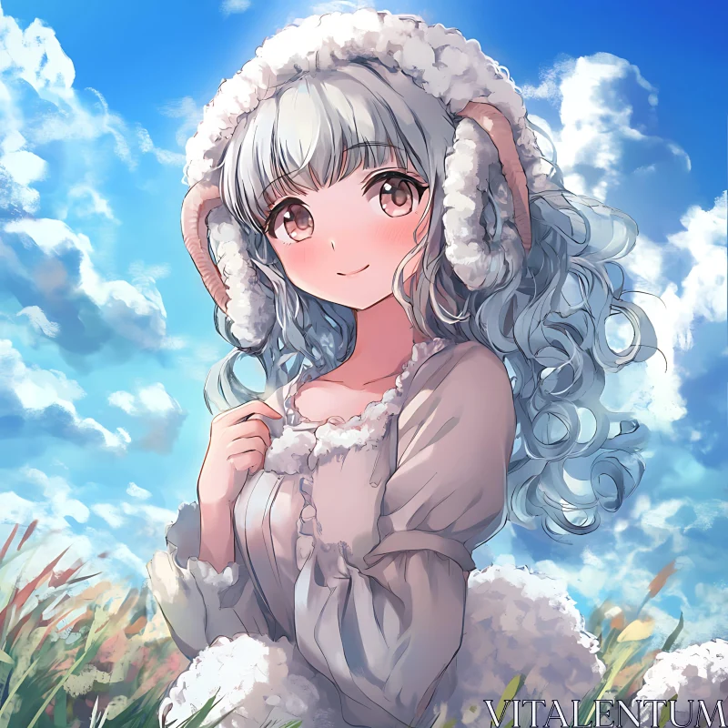 AI ART Fluffy Horned Anime Girl Under Blue Sky