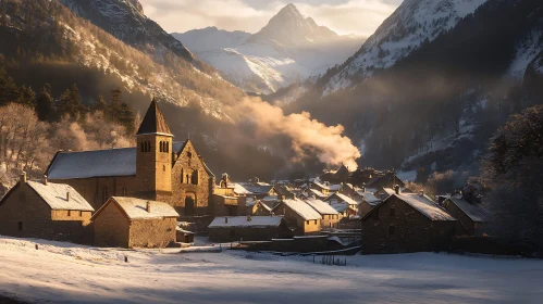 Snowy Village among Mountains