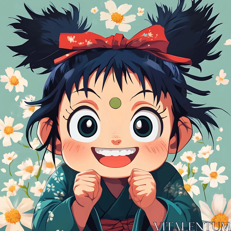 Excited Anime Girl with Floral Background AI Image