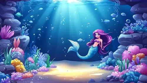 Cartoon Mermaid Swimming Underwater