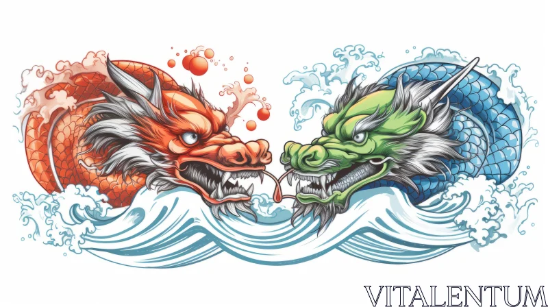 Graphic Design-Inspired Dragons Engaged in Water Battle AI Image