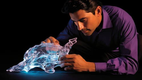 Man with Luminous Glass Turtle Sculpture: A Confluence of Art and Precision