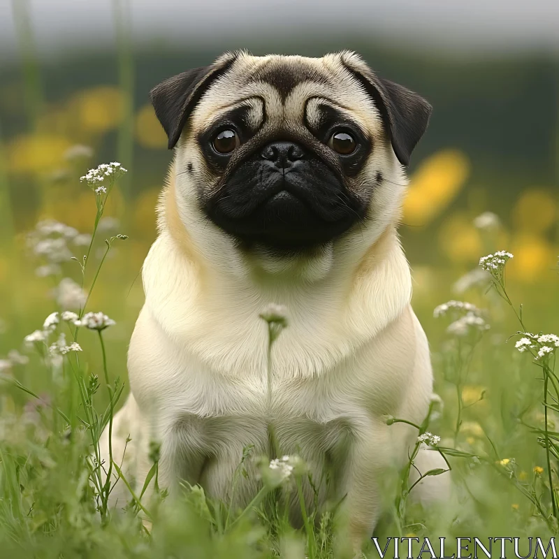 Cute Pug in a Field of Wildflowers AI Image