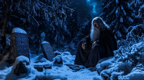 Enchanting Winter Scene with Ancient Wizard