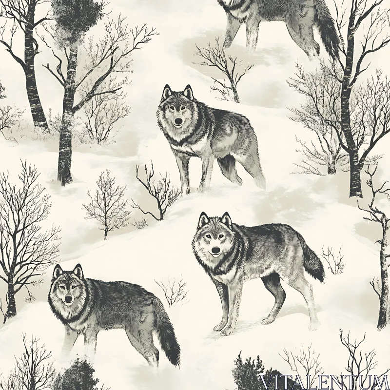 AI ART Monochrome Wolves in Snowy Forest