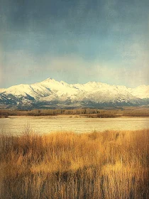 Winter Mountain Landscape with Golden Field