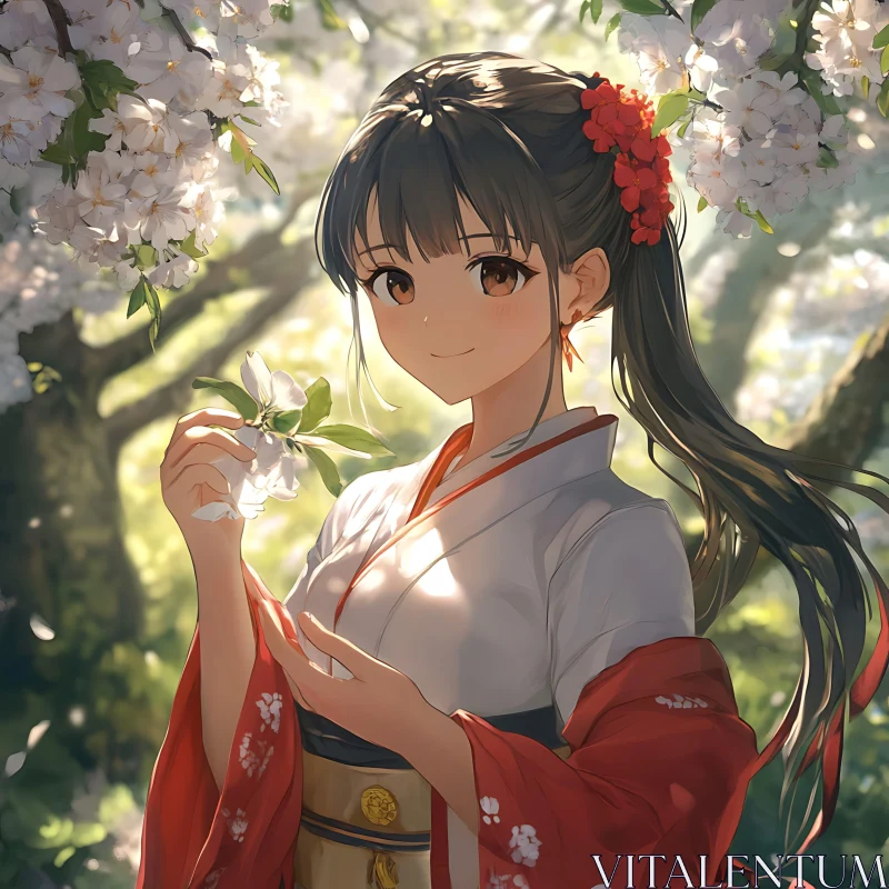 Anime Girl in Traditional Attire with Blossoms AI Image