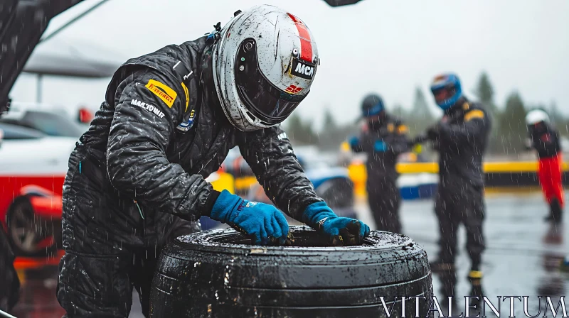Racer Changing Tire in Wet Conditions AI Image