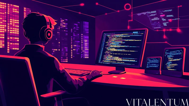 Developer in Cyberpunk Coding Environment AI Image