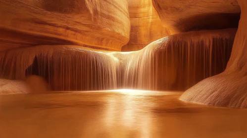 Golden Light on Waterfall Inside Canyon