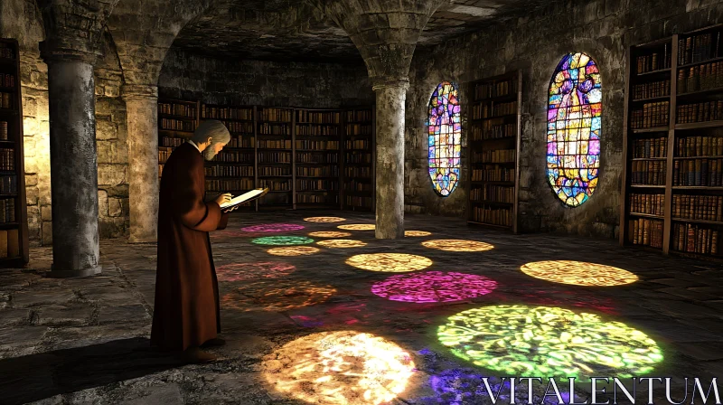 AI ART Ancient Library with Colorful Light