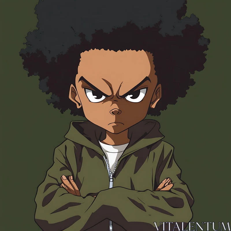 Anime Character with Scowl and Green Jacket AI Image