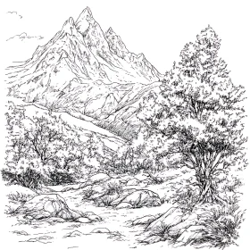 Monochrome Mountain View with Trees