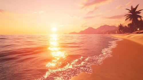 Tranquil Beach Sunset with Silhouetted Palm Trees and Mountains