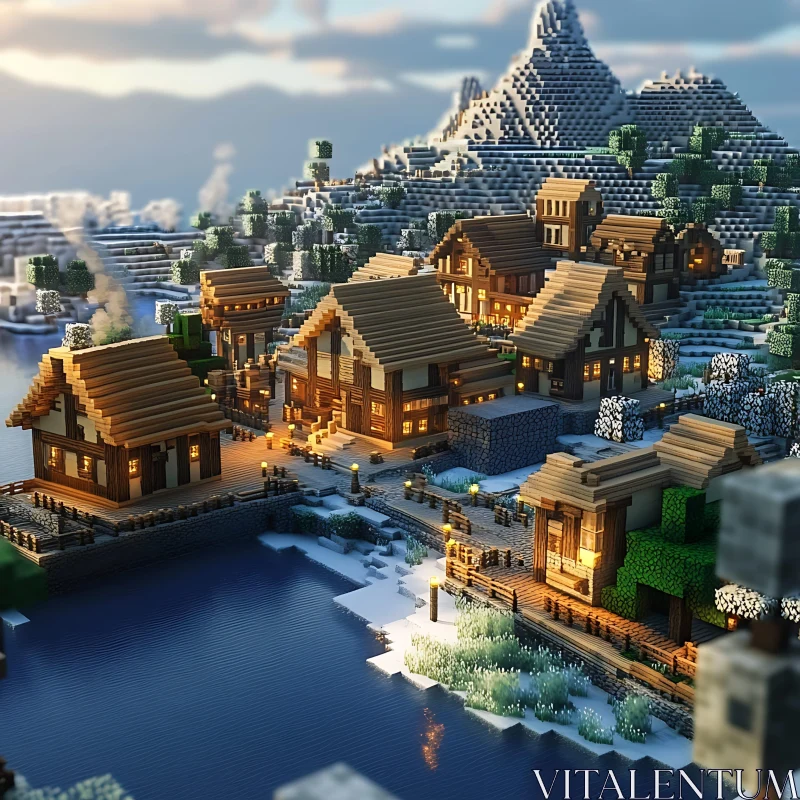 AI ART Pixelated Snowy Village by Serene Lake and Mountain