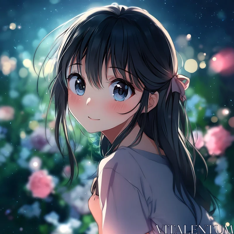 Serene Anime Girl Night Scene AI Image