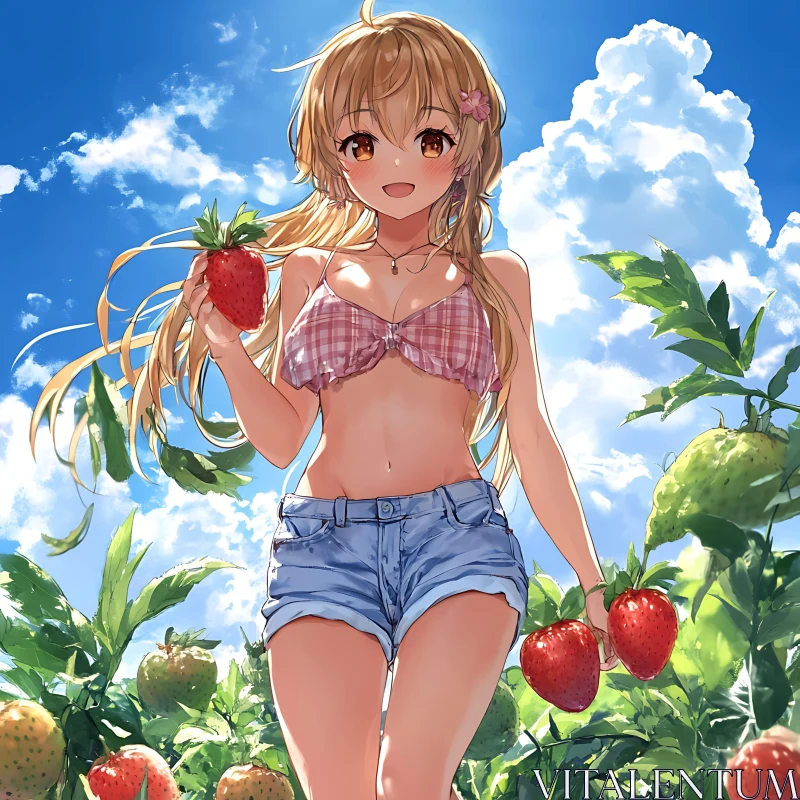 Summer Vibes Anime Girl in Strawberry Field AI Image