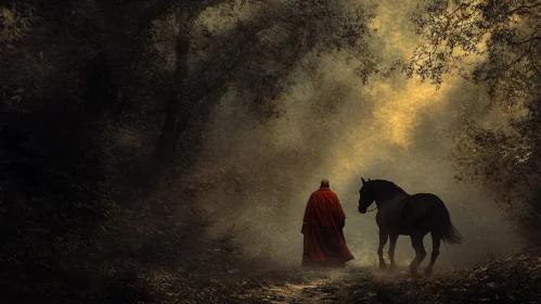 Red Robe and Horse in Misty Forest