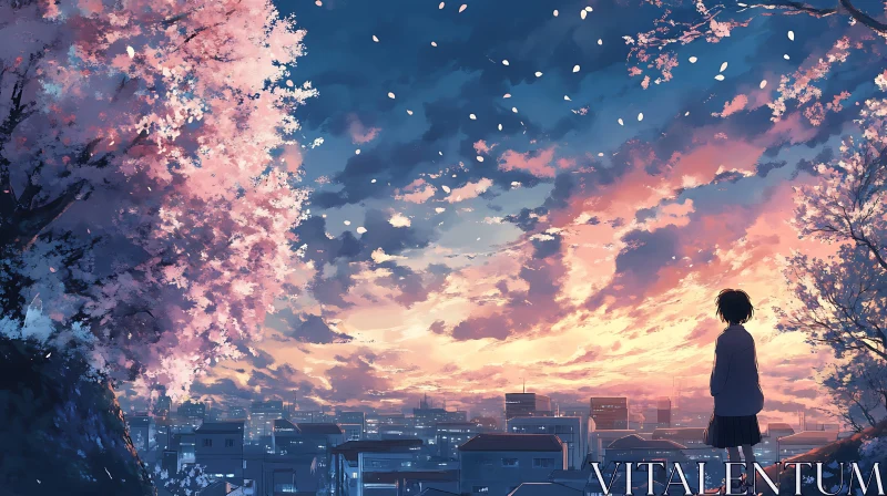 Girl at Sunset Over City with Cherry Blossoms AI Image