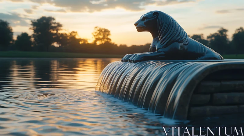 AI ART Sunset Lion Sculpture Water Feature