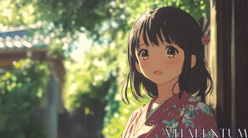 Serene Anime Girl in Sunlit Nature AI Image