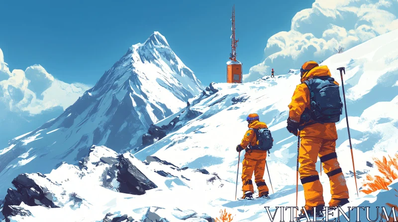 Winter Ascent: Skiers on Mountain Peak AI Image