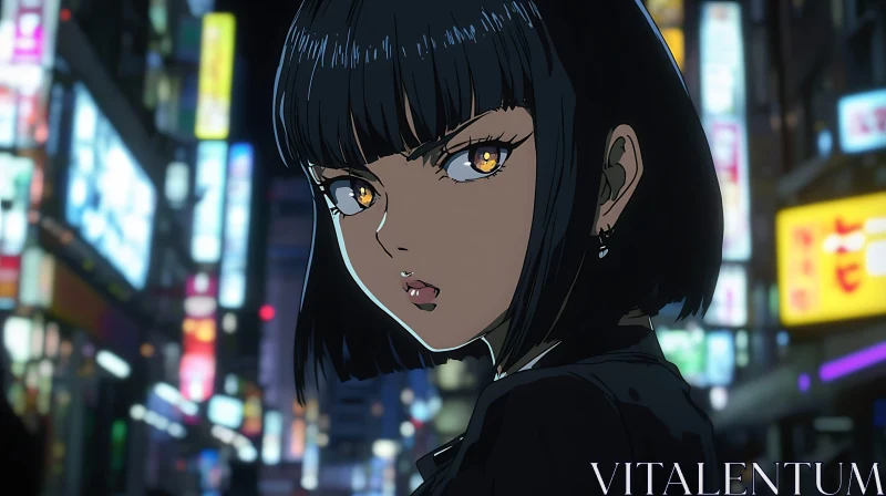 AI ART Anime Character with Golden Eyes in Neon-lit City