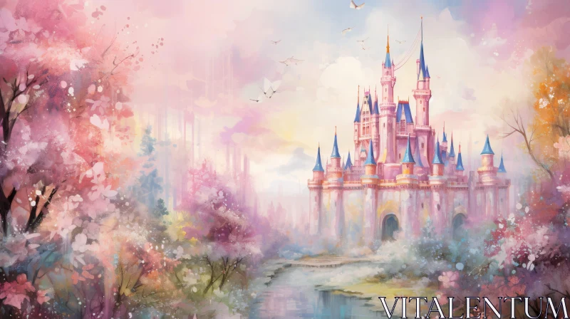 Magical Castle in Spring Pastels AI Image