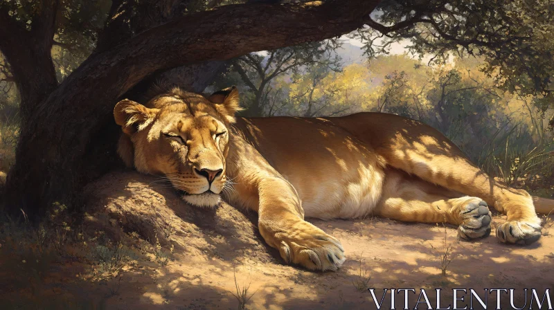 Lioness Sleeping Peacefully Under Tree AI Image