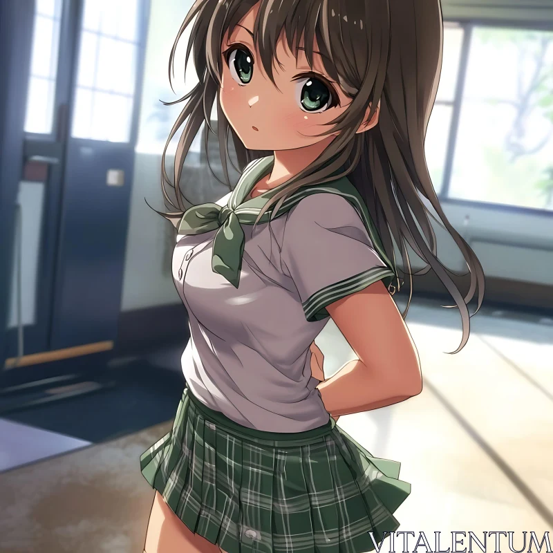 Green-Eyed Anime Girl in Classroom AI Image