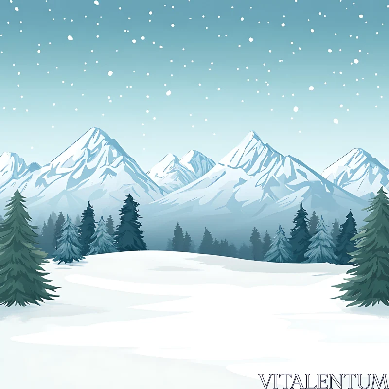 AI ART Snowy Mountains and Evergreen Trees