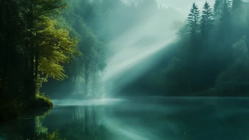 Sunlit Lake in Misty Forest