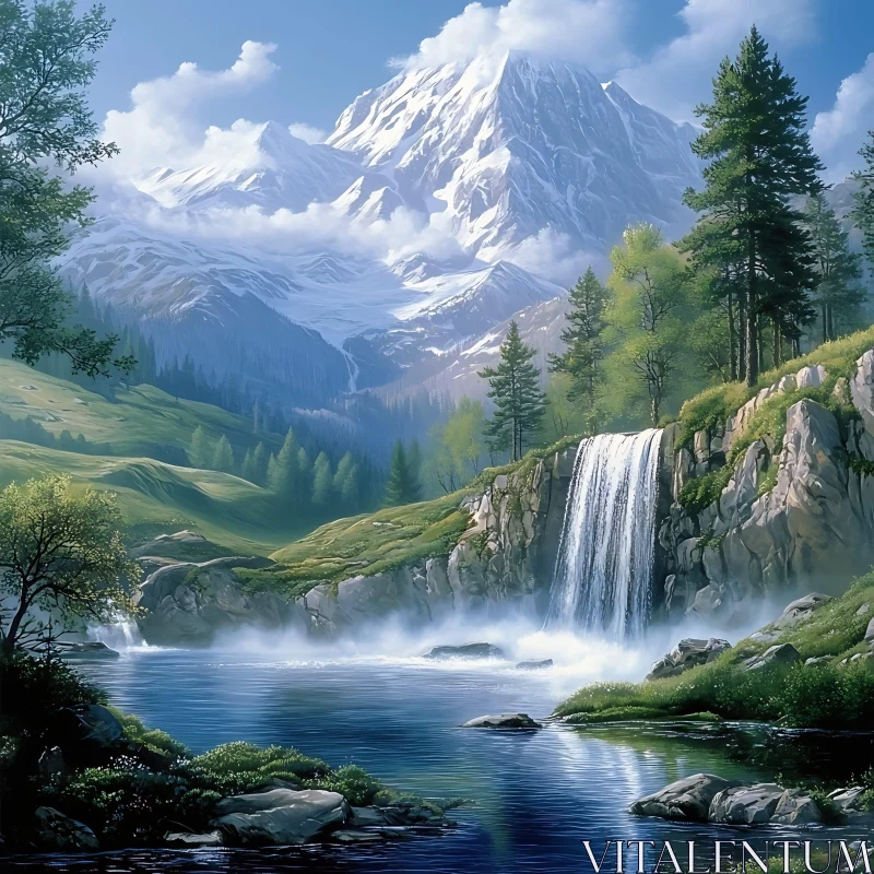 AI ART Scenic Waterfall and Mountain Vista