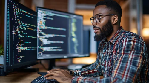 Man Coding with Two Computer Screens