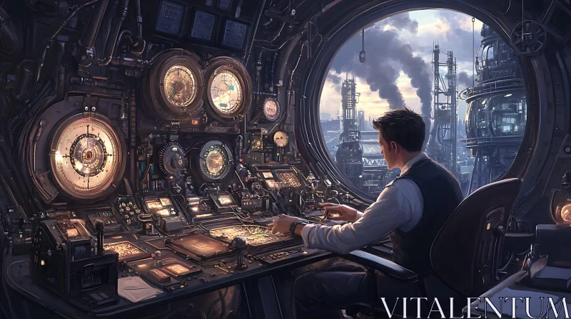 Man at Control Panel Overlooking City AI Image