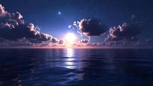 Night Ocean Scenery with Clouds