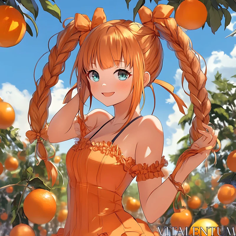 Anime Character Amidst Orange Trees AI Image