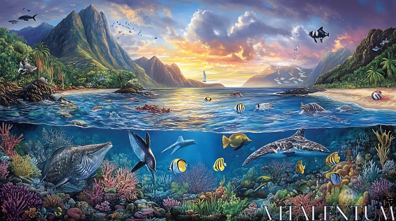 AI ART Underwater Marine Life and Island