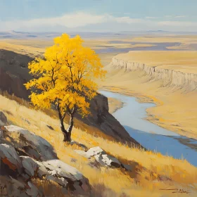 Autumnal River Vista with Golden Tree