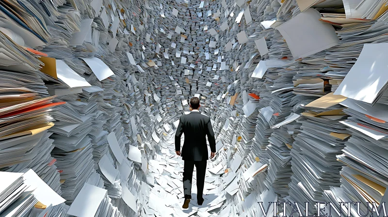 Man Walks Through Paperwork Labyrinth AI Image