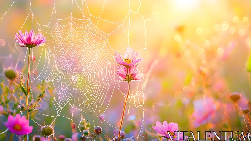 Glistening Spiderweb in a Sunlit Meadow AI Image