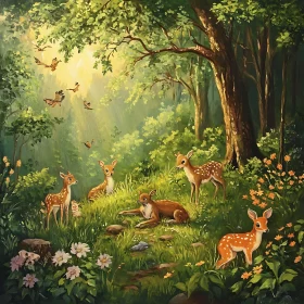 Serene Forest with Grazing Deer and Sunlit Canopy