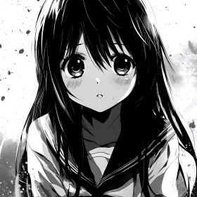 Monochrome Anime Girl with Expressive Eyes