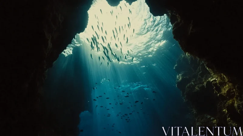 Sunlit Underwater Cave Fish School