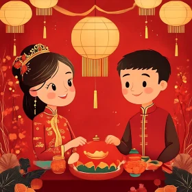 Cartoon Couple Celebrating Lunar New Year