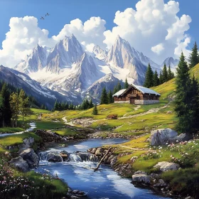 Picturesque Mountain Cabin and River Scenery