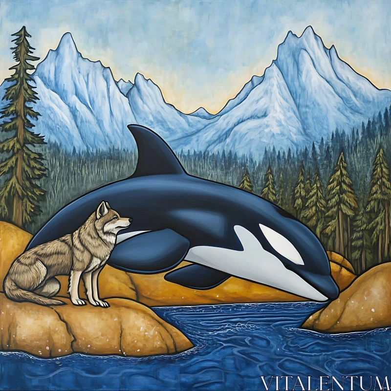 Orca and Wolf by the Mountain Lake AI Image