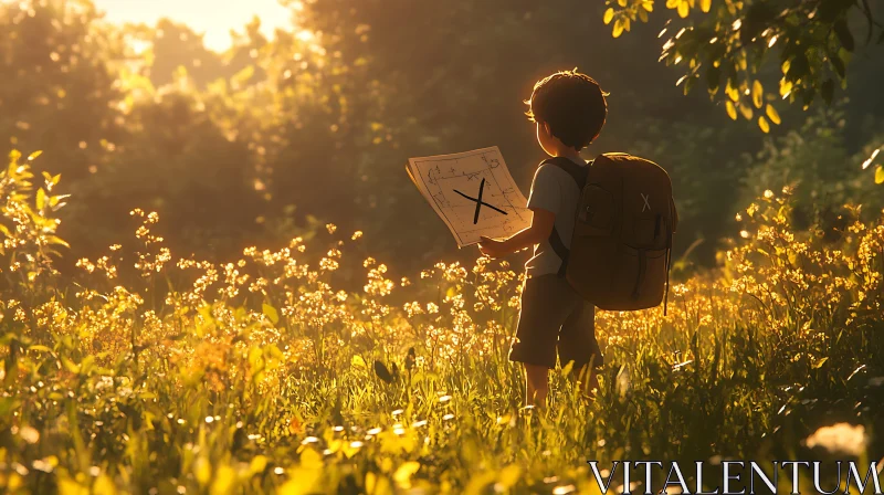 Child Explorer with Map in Golden Field