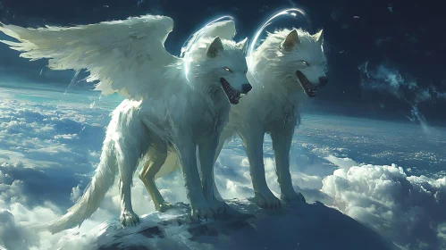 Ethereal Wolves with Wings Above the Clouds
