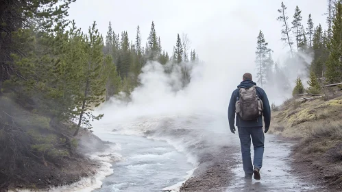 Man Hiking Near Steaming River